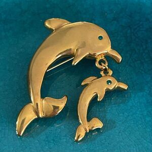 Gold-tone Mama & Baby Jumping Dolphin Brooch Pendant W/ Aqua Rhinestone Eyes OS